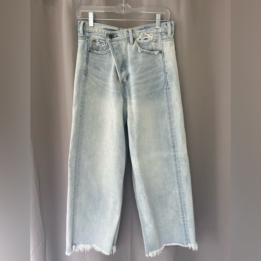 Rodeo Crowns Japanese Brand Rare Wide Leg Cropped Cross Front Button Fly Jeans